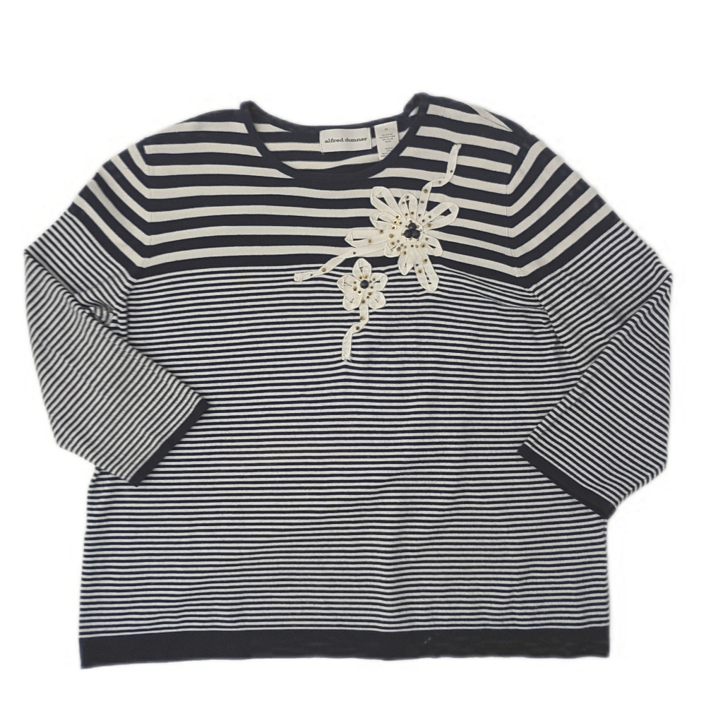 Alfred Dunner Navy Striped Floral Knit Sweater XL